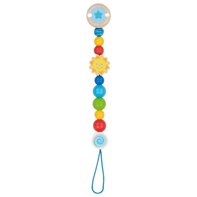 Colorful baby teething toy with beads and a star on a white background