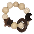 Wooden teething ring with white and brown beads on a white background