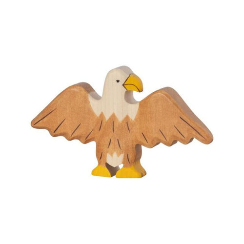 Wooden Sparrow Toy by Holztiger. the bird is Brown on a beige base.