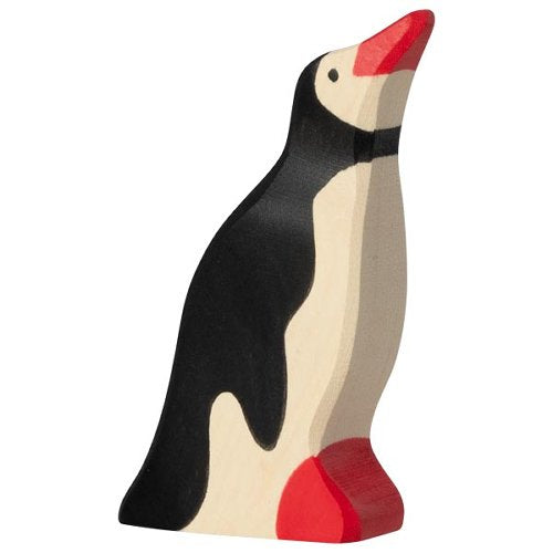 Wooden penguin toy with a red beak and feet on a white background