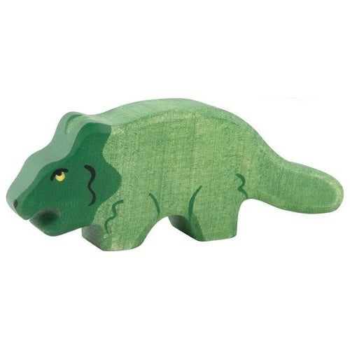 Green wooden dinosaur toy on a white background