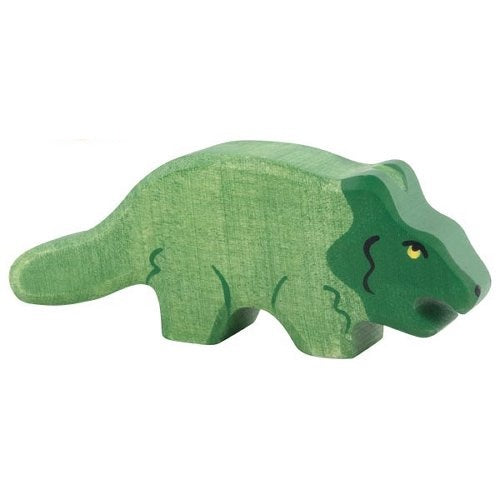 Green wooden bear toy on a white background