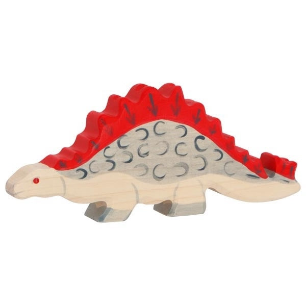 Wooden toy dinosaur with a red spiked back on a white background
