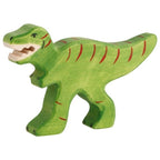 Green wooden T-rex dinosaur toy on a white background