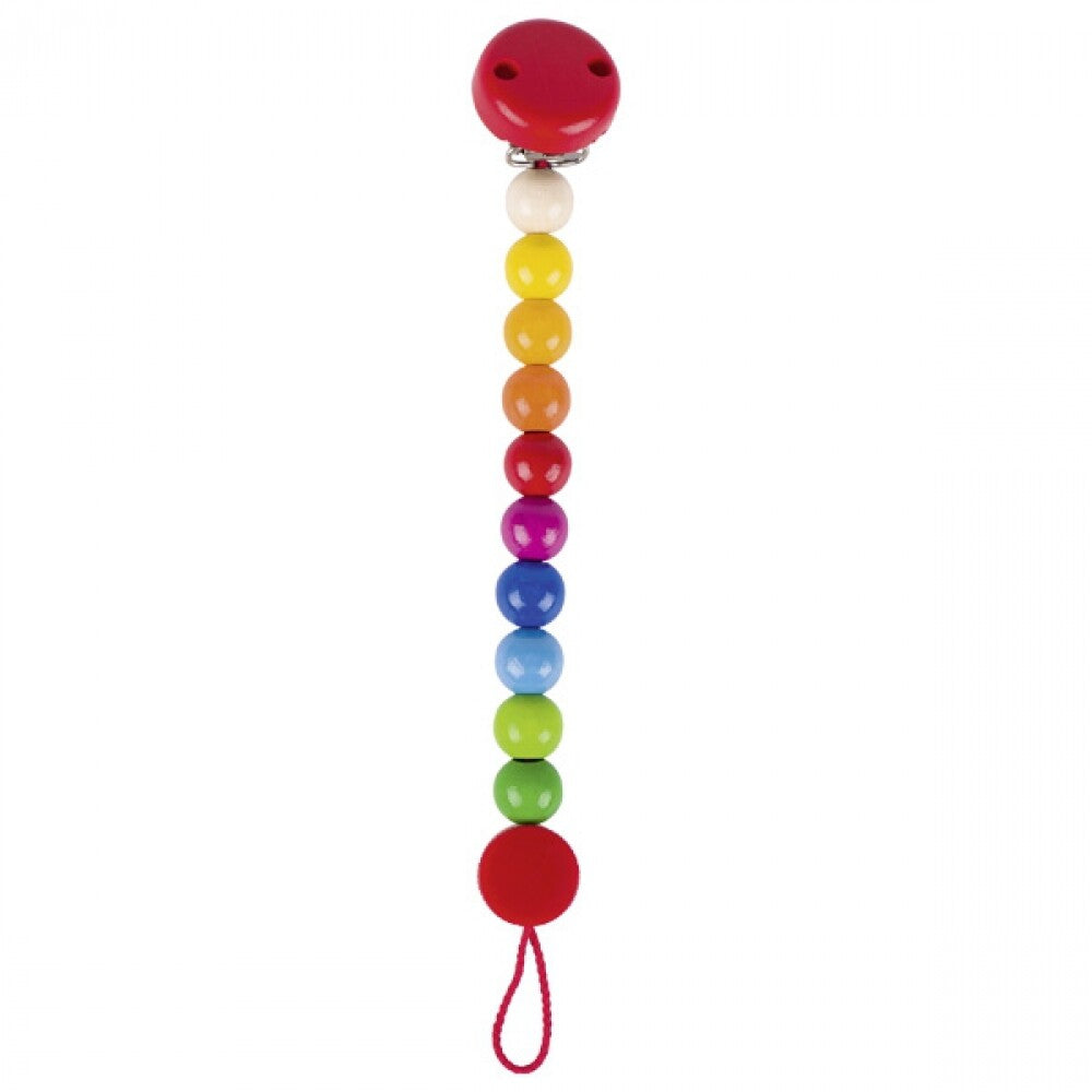 Colorful beaded pacifier clip on a white background